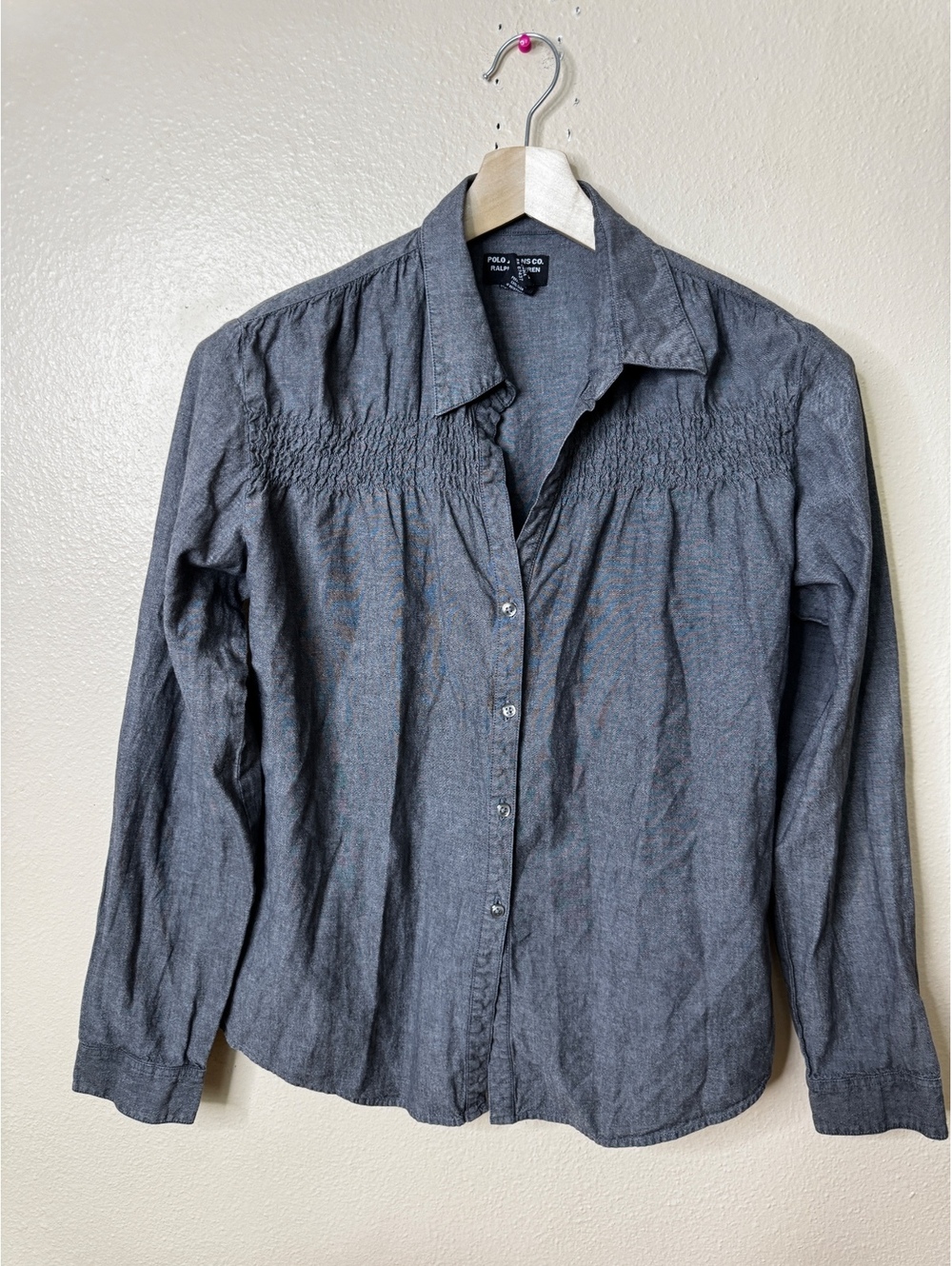 Polo Jeans Co Ralph Lauren Women’s L Gray 100% Cotton Smocked Button Down Shirt